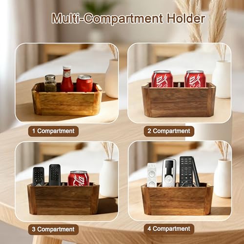 Acacia Wood Remote Control Holder, TV Remote Holder - 4 Compartment Remote Control Storage Organizer, Small Wooden Desktop Caddy for Coffee Table, Nightstand, Living Room, Office, Vanity