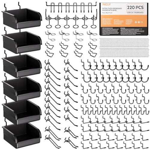 INCLY 220PCS Extra Thick Pegboard Accessories Organizer Kit for 1/4 Inch Pegboard, Heavy Duty Black Pegboard Hooks with Bins & Peg Lock, Peg Board Hooks Assortment for Garage Wall Hanging Tools - size: 220PCS