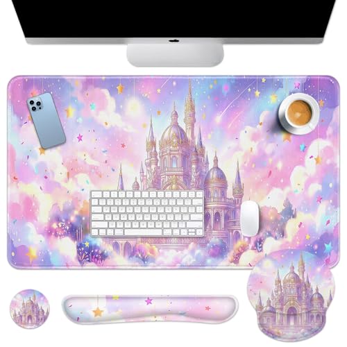 Arttown Pink Castle Desk Mat Star Ribbons Mouse Pad Set 4 in 1 Ergonomic Design Large Mouse Pad + Keyboard Wrist Rest + Mouse Wrist Rest + Coaster Suitable for Home Office Study Game - color: Pink Castle