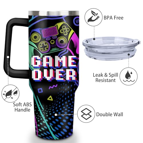 Game Tumbler with Lid and Straw, 40oz Gamer Water Bottle Cup with Handle, Gaming Travel Coffee Mugs, Birthday Gifts for Gamer Men Boys - color: Game 03, size: 40 Ounces