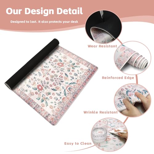 Baziabbo Pink Desk Mat,XXL Extended Large Mouse Pad,Gaming Mousepad with Stitched Edge,Non-Slip Rubber Base Keyboard Desk Pad for Home Office Study Game (Pink Floral-A) - color: Pink Floral-a