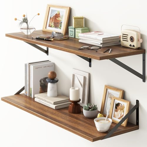 36"W x 12"D Floating Shelves, Walnut Deep Floating Shelves for Wall with Brackets, 12 Inch Deep Wall Shelves for Books, Wide Display Storage Shelves for Bathroom, Living Room, 36 Inch Long, Set of 2 - color: Walnut, size: 36"W x 12"D