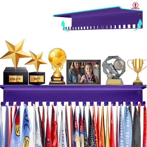 Non-Slip Trophy Shelf,Trophy and Medal Display Shelf, Medal Hanger Display For Wall with 16inchL,Shelves For Trophies medal display Upgraded Medal Holder display For gymanstics,race,soccer,swim - color: Purple, size: Non Slip-16 Inches Long 20 hooks