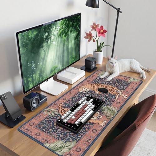 Tiger Desk Matt for Desktop, Floral Gaming Cute Desk Mat, Non Slip Keyboard and Mouse Pad, Stitched Edges Large Desk Pad, Desk Mat for Home Office 35.4 x 15.7 Inches (Pink) - color: Multi/Pink