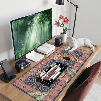 Tiger Desk Matt for Desktop, Floral Gaming Cute Desk Mat, Non Slip Keyboard and Mouse Pad, Stitched Edges Large Desk Pad, Desk Mat for Home Office 35.4 x 15.7 Inches (Pink) - color: Multi/Pink