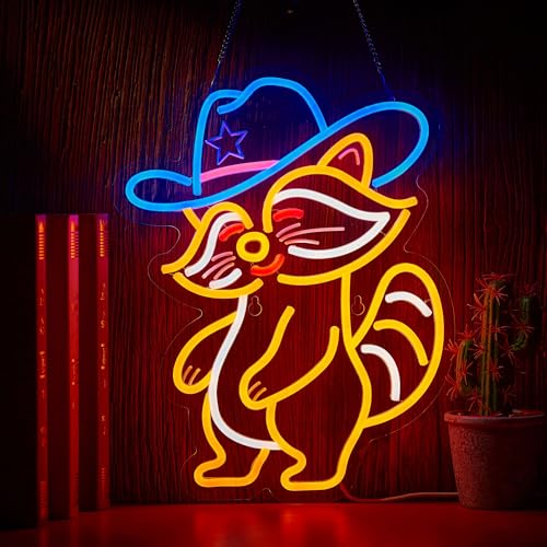 Cowboy Racoon Neon Sign Raccoon Neon Light Cowboy LED Sign USB Powered Dimmable Art Signs for Bar Pub Store Man Cave Kids Room 16.2 X 12.6 inch - color: Racoon Orange
