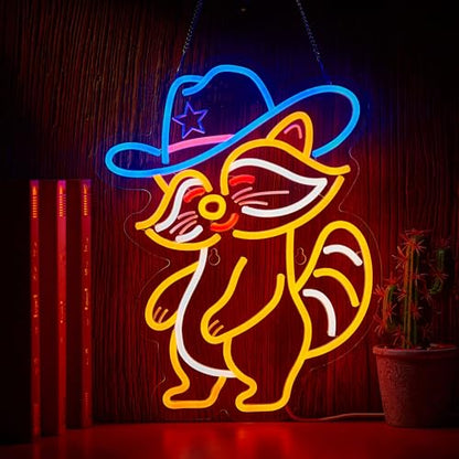 Cowboy Racoon Neon Sign Raccoon Neon Light Cowboy LED Sign USB Powered Dimmable Art Signs for Bar Pub Store Man Cave Kids Room 16.2 X 12.6 inch - color: Racoon Orange