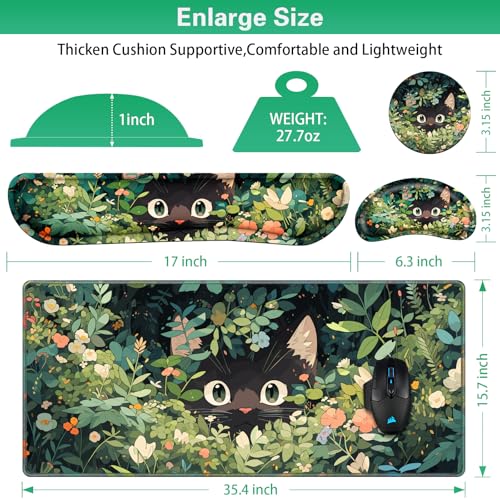 Canjoy Cute Black Cats Mouse Pad Set, 4-in-1 Kawaii Anime Mouse Pad + Keyboard Wrist Rest Support+ Coaster, (35.4×15.7 in) Extended Desk Pad Memory Foam Non-Slip Desk Mat for Home Office - color: Black Cats