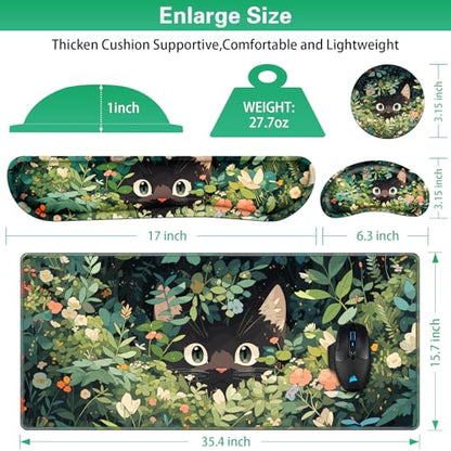 Canjoy Cute Black Cats Mouse Pad Set, 4-in-1 Kawaii Anime Mouse Pad + Keyboard Wrist Rest Support+ Coaster, (35.4×15.7 in) Extended Desk Pad Memory Foam Non-Slip Desk Mat for Home Office - color: Black Cats