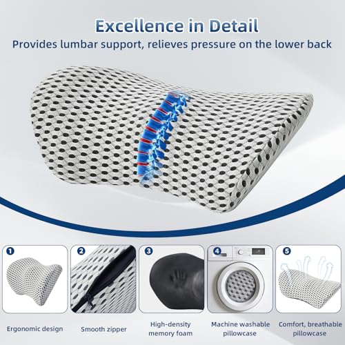 Lumbar Pillow, Memory Foam Lumbar Support Pillow for Office Chair and Car Seat, Ergonomic Streamline Back Pillow for Lower Back Pain Relief, Back Support Pillow for Sitting, Driving, Traveling - color: Light White
