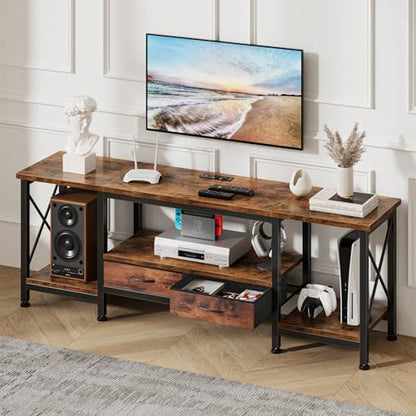 DUMOS 63" TV Stand with Power Outlets, Fabric Drawers & Open Shelves, Brown | Entertainment Center for TVs Up to 75", Media Console TV Table for Living Room & Bedroom - size: 63 Inch