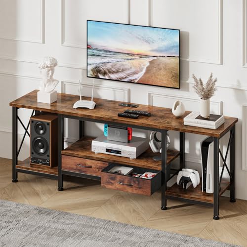 DUMOS 63" TV Stand with Power Outlets, Fabric Drawers & Open Shelves, Brown | Entertainment Center for TVs Up to 75", Media Console TV Table for Living Room & Bedroom - size: 63 Inch