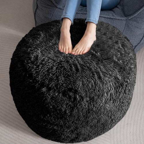 HIGOGOGO Round Stuffed Pouf Ottoman, Long Faux Fur Poufs with Foam Chunk Filling, Fluffy and Furry Pouf Foot Stool Storage Ottoman, 26 X 18 Floor Poufs Foot Rest for Living Room, Black - color: Black, size: 26"D x 26"W x 18"H