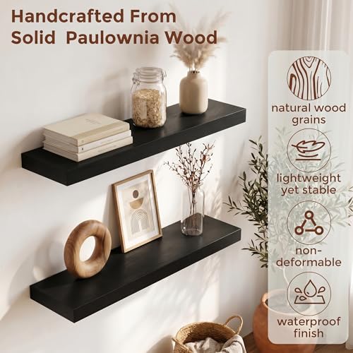 fuqing 24" x 6.7" x 1.4" Black Floating Shelves Set of 2, Rustic Black Wood Shelves for Living Room Bathroom, Hardware Included, 40 Lbs, Invisible Brackets - color: Black, size: 24 Inch-UP