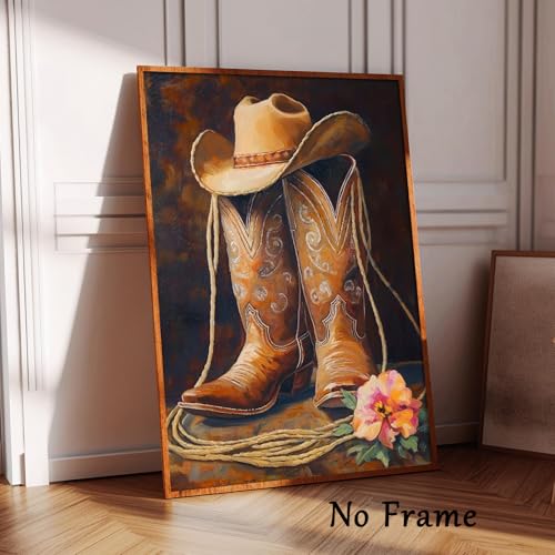 Western Cowboy Canvas Wall Art Vintage Country Artwork Hat Painting Cowboy Poster Boots Cowgirl Painting Western Farmhouse Pictures Vintage Southwest Prints Country Farmhouse Pictures 16x24in No Frame - color: D3Unframed