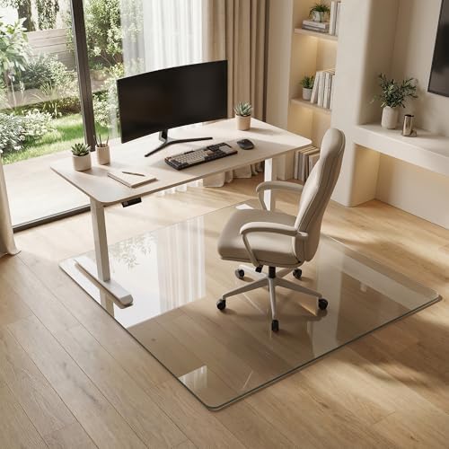 Tempered Glass Chair Mat for Hardwood Floor, 45" x 45" Heavy Duty Glass Office Chair Mat, for Low Pile Carpet, 0.2" Thick with 4 Non-Slip Pads, Smooth Rolling for Home & Office - size: 45" x 45"