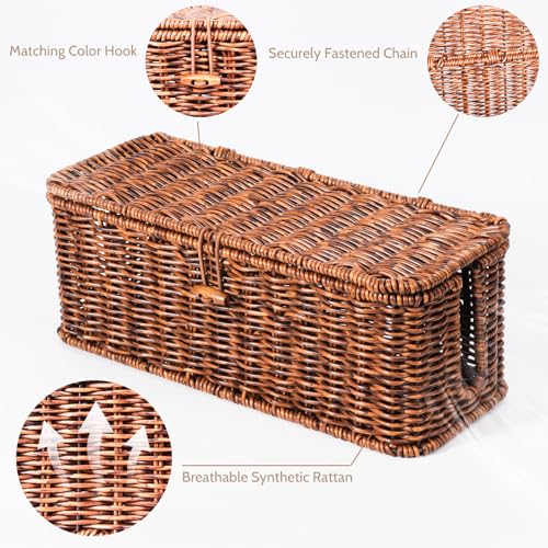 BROWNLILY Rattan Wire Storage Box, Handmade Cord Organizer for Desk Cord Hider Outlet Covers for Power Strip TV PC Router Charger Under Desk Cable Management Box - color: Brown, size: Set (L+M)