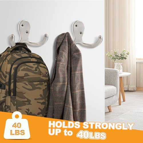 CBWLWJ 10 Pack Coat Hooks Wall Hooks for Hanging, Heavy Duty Double Prong Metal Hook Wall Mounted for Living Room, Bathroom, Kitchen, Bedroom for Coat, Bag, Scarf, Towel, Hat, Key, Cup (Silver) - color: Silver-10pack
