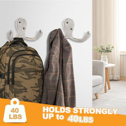 15 Pack Coat Hooks Wall Hooks for Hanging, Heavy Duty Double Prong Metal Hook Wall Mounted for Living Room, Bathroom, Kitchen, Bedroom for Coat, Bag, Scarf, Towel, Hat, Key, Cup (Silver) - color: Silver-15pack