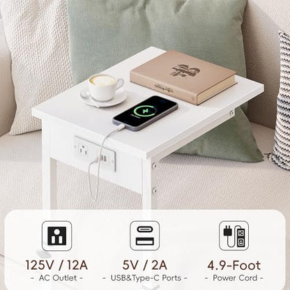 Vagusicc C Shaped End Table with Charging Station, C Table End Table Adjustable Height Sofa Table, Side Table for Couch, Couch Table that Slide Under, TV Tray Arm Table for Living Room,Bedroom, White - color: White, style: Charging Station