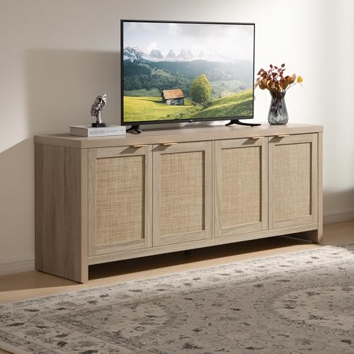 SICOTAS TV Stand for Living Room Boho Entertainment Center for Bedroom with 4 Rattan Cabinets Farmhouse Television Stands with Storage Large Media Console Table for TVs up to 65 Inch - color: Reclaimed Light Oak