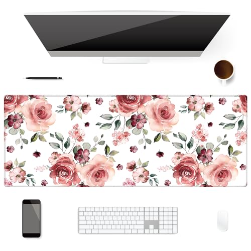 Extended Desk Mat (31.5x11.8 inch 3mm Thick), iDonzon Soft Cute Extra Large XXL Waterproof Gaming Mouse Pad with Non-Slip Rubber Base & Stitched Edges, for Working/Game, Peony Flowers - color: Pink