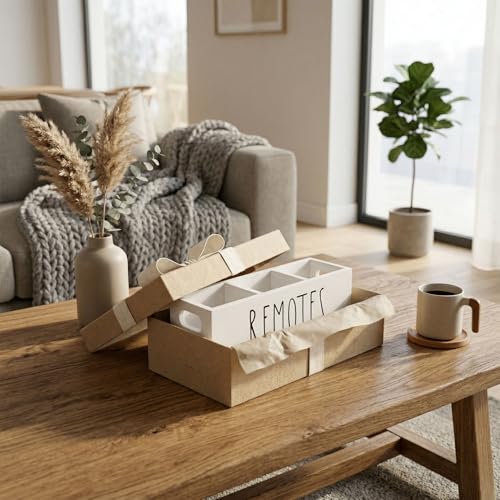 Remote Control Holder, Farmhouse Remote Storage Caddy, Bedside TV Controller Box, Rustic Wood Media Organizer Tray for Home Bedroom Table (White) - color: White