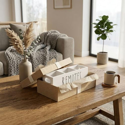 Remote Control Holder, Farmhouse Remote Storage Caddy, Bedside TV Controller Box, Rustic Wood Media Organizer Tray for Home Bedroom Table (White) - color: White