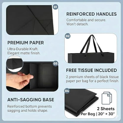 GEGIBOA Extra Large Black Gift Bags 15x6x12 with Handles 2 Pack Paper Gift Bags with Tissue Paper Reusable Large Gift Bags for Fathers Day Birthdays Weddings Christmas Graduation Business Gifts - size: Black-XL-2PCS with paper