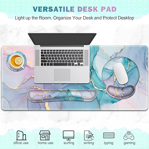 ToLuLu Desk Mat, XXL Large Mouse Pad Wrist Support Set，4 in1 Gaming Mousepad Desk Pad+ Ergonomic Mouse Pad with Wrist Rest + Keyboard Wrist Rest+Coaster for Home Office Computer, Blue Glitter Marble - color: Blue Glitter Marble