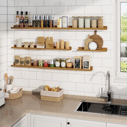 RICHFOCUS Picture Ledge Shelf, 24 inch Floating Shelves Set of 2, Wood Wall Shelves with Lip, Wall Decor Storage for Bedroom Living Room Bathroom Kitchen Nursery Photo Picture, Oak - color: Oak, size: 24 Inch, set of 2