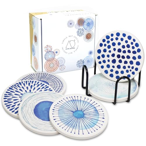 AD Set of 6 Coasters for Drinks Absorbing Round Ceramic Stone Coaster with Cork Base,Tabletop Protection Mat for Mugs and Cups,Office,Kitchen (Blue Watercolor with Holder) - color: Blue Watercolor