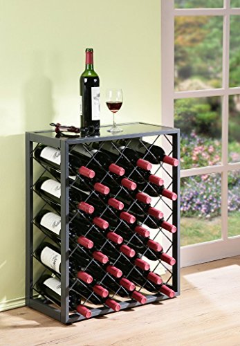 Mango Steam 32 Bottle Gray Wine Rack with Glass Top Shelf, Free Standing for Home, Kitchen and Bar - color: Pewter, size: 32 Bottle