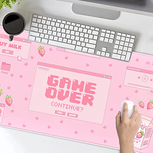 Pink Kawaii Anime Gaming Mouse Pad XXL, Strawberry Milk Mousepad Large, Aesthetic Laptop Keyboard Mats, Full Desk Mouse Mat for Women Girl 31.5X15.7 in - color: Pastel Game Over