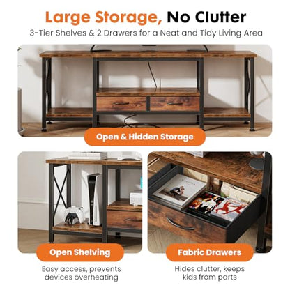 DUMOS 63" TV Stand with Power Outlets, Fabric Drawers & Open Shelves, Brown | Entertainment Center for TVs Up to 75", Media Console TV Table for Living Room & Bedroom - size: 63 Inch