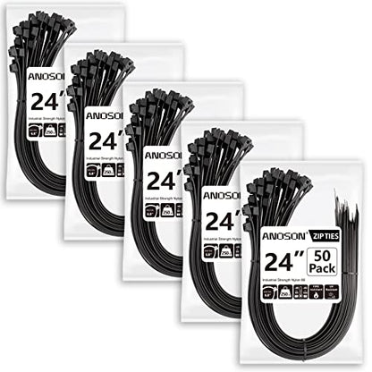 Large Zip Ties Heavy Duty Outdoor 24 inch (250 Pack), Heavy Duty Zip Ties 220 lbs, Black, by ANOSON - size: 24"/250 pk (220 Lb)