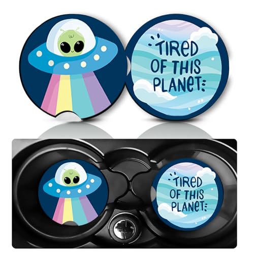 2 Pack Alien Tired Car Cup Holder Coasters Neoprene Anti Slip Rubber Mat | Aliens Car Accessories Decor 2.75" Universal Size Insert Auto Coasters Alien Gifts for Women Men - color: Alien Tired