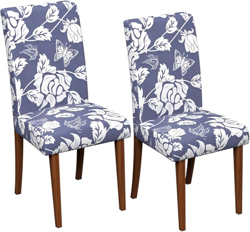 Dining Chair Covers Set of 2, Stretch Spandex Chair Slipcovers for Dining Room Chairs, Removable Washable Kitchen Chair Covers, Elastic Chair Protectors for Dining Room Kitchen - color: Light Purple Flowers + Butterflies, size: 2PCS