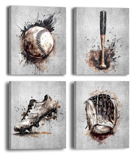 Framed Baseball Wall Art Canvas Prints,Vintage Graffit Baseball Art Poster,Baseball Pictures Sport Art Print for Man Cave Decorations Set of 4 (8"x10",Framed) - color: Framed--Baseball Wall Art Poster