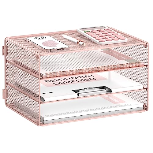 DALTACK 3 Tier Letter Tray Paper Organizer for Desk, Mesh Metal Desk File Organizer with Sliding Trays for Letter/A4 Paper, Mail, Bills & Folders, Pink - color: Pink