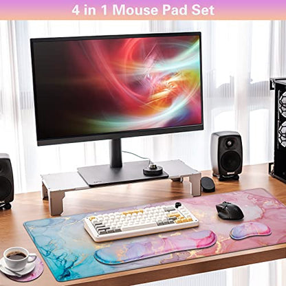 Canjoy Gaming Mouse Pad Set, 4-in-1 XXL Large Mouse Pad + Keyboard Wrist Rest Support+ Coaster, (35.4×15.7 in) Extended Desk Pad Memory Foam Non-Slip Desk Mat for Home Office - color: Pink Blue Marble