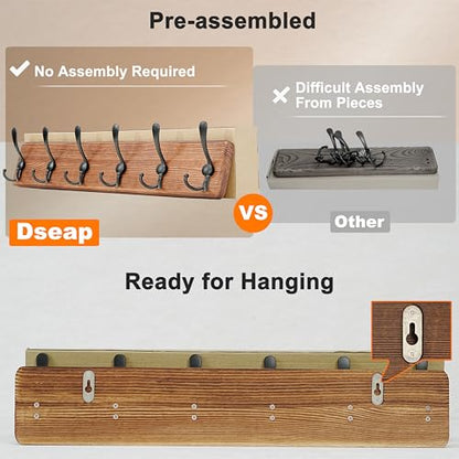 Dseap Coat Rack Wall Mounted - 24" Long 6 Tri Hooks, Heavy Duty Wooden Wall Coat Hanger Coat Hook for Clothes Hat Jacket Clothing, Natural and Black - color: Natural & Black, size: L=24"