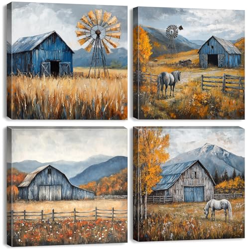 Farmhouse Wall Art Rustic Fall Kitchen Decor Country Windmill Barn Landscape Canvas Prints Pictures Western Farm Animal Horse Paintings Artwork Living Room Dining Room Home Decorations 12x12" 4Pcs - color: Fall Farmhouse, size: 12 x 12 in