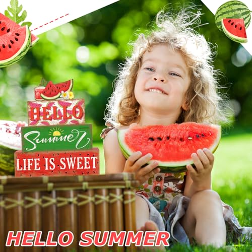 Britimes 4 Pcs Summer Wooden Tiered Tray Decor Set, Sweet Watermelon Table Decor Life is Sweet Farmhouse Rustic Wooden Coffee Table Centerpieces for Home Kitchen Office Decorations (Watermelon Style) - style: Watermelon