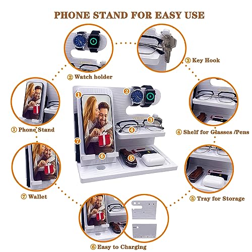VEIYAILU Gifts for Women Girlfriend Men Him Husband Boyfriend Son Boss Wood Phone Docking Station Nightstand Organizer Anniversary Birthday Gifts (White) - color: White