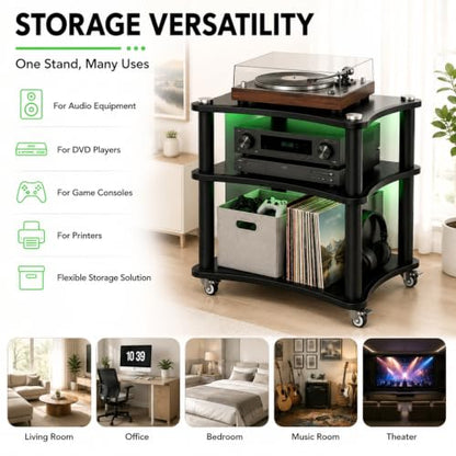 3-Tier AV Media Stand with LED Lights, Heavy Duty Mobile Stereo Cabinet Stand with Wheels, Wooden Stereo Rack, Audio Rack Furniture Perfect for DVD Player/Game Console (with Lights, 3 Tier) - color: With Lights, size: 3 Tier