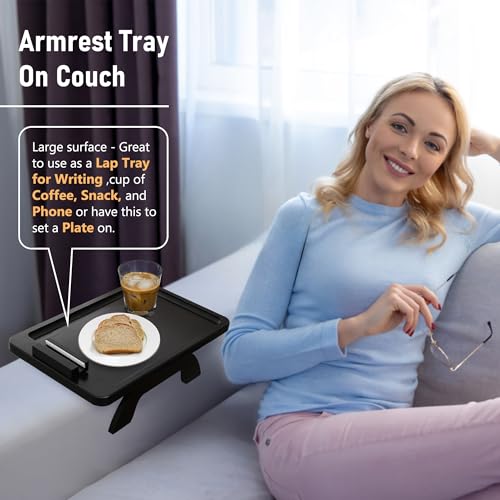SINWANT Couch Arm Table, Bamboo Sofa Clip On Side Table Tray,Foldable Sofa Arm Tray with 360° Phone Holder for Eating Drinking Snacks Remote on Couch Armrest - color: Black