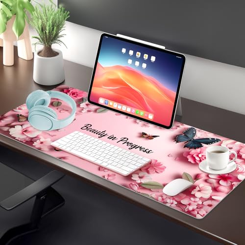 PU Leather Desk Mat Blotter,Cute Pink Desk Mat for Office, Home,School,Keyboard,Mouse,15.7"x31.5" Large Non-Slip Writing Mat with Travel Storage Strap, Waterproof Easy to Clean (Pink Butterfly) - style: Pink Butterfly