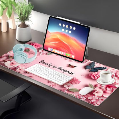 PU Leather Desk Mat Blotter,Cute Pink Desk Mat for Office, Home,School,Keyboard,Mouse,15.7"x31.5" Large Non-Slip Writing Mat with Travel Storage Strap, Waterproof Easy to Clean (Pink Butterfly) - style: Pink Butterfly