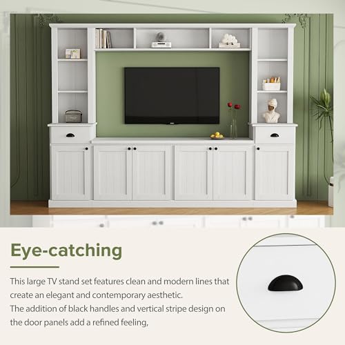 Merax Modern TV Stand Set w/Adjustable Bridge, Storage Media Console & Wall Units - Minimalist Entertainment Center for Living Room, White